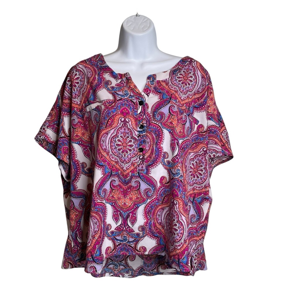 Catherines Pink Blue‎ Paisley Blouse 1XW Petite Flowy Artsy Boho Work-To-Weekend